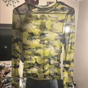 Stylish Camo Long Sleeve Mesh Top